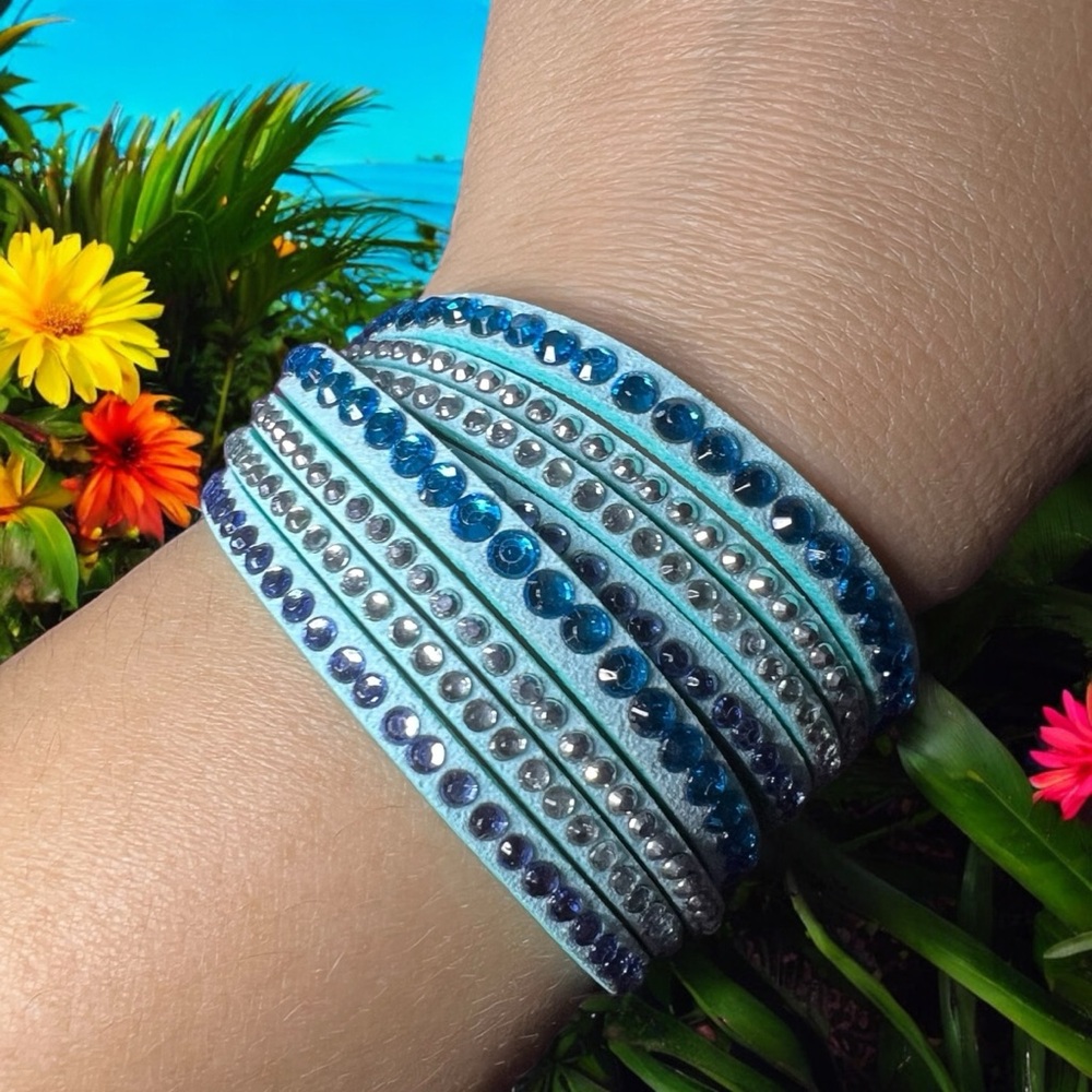 Light Blue Wrap Bracelet Rhinestone Multistrand Adjustable